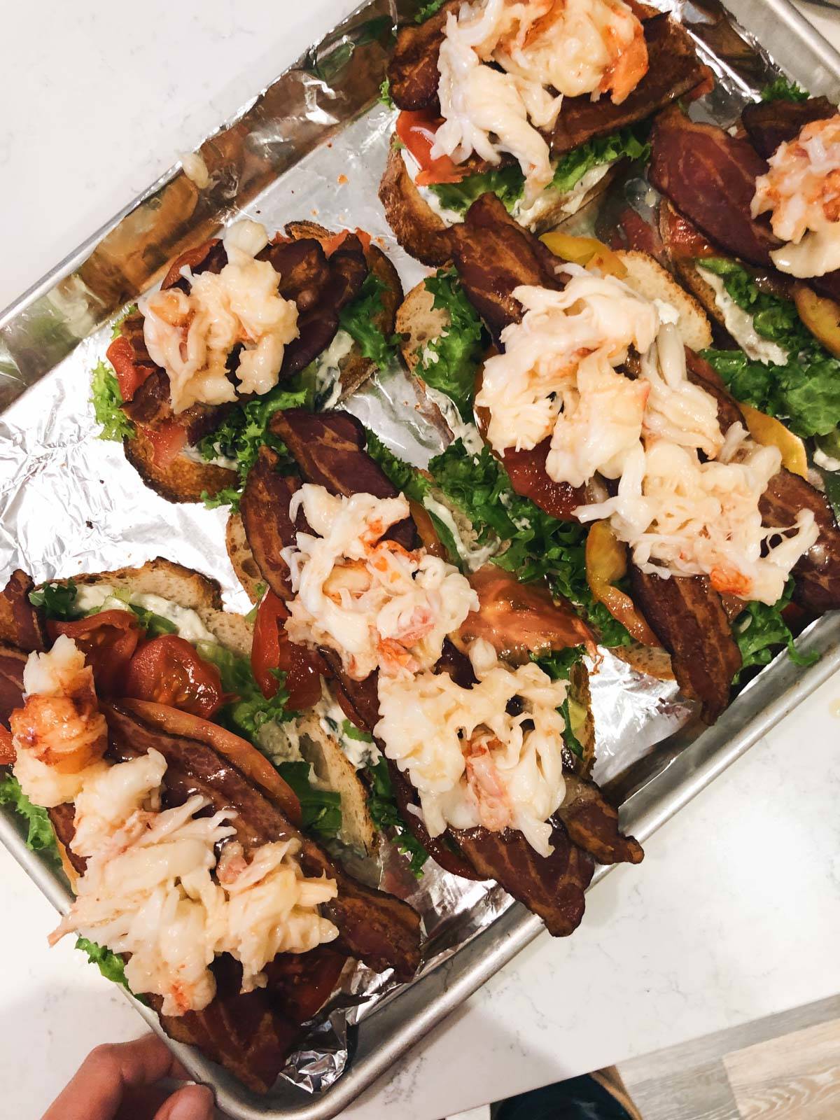 A pan filled with Lobster BLT’s.