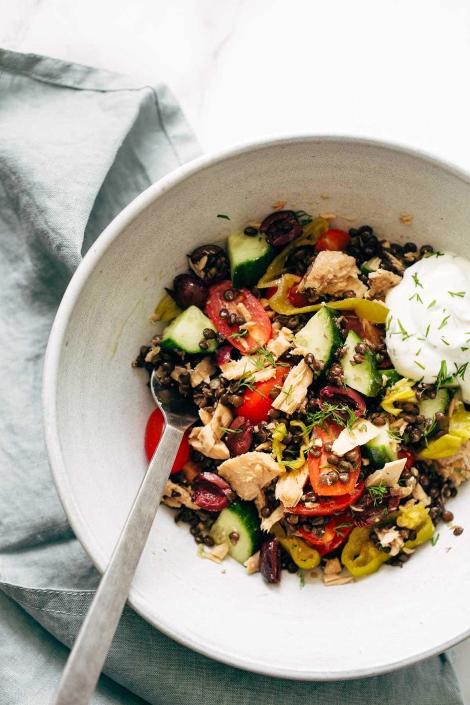 Lentil Greek Salad with Dill Sauce Recipe Pinch of Yum