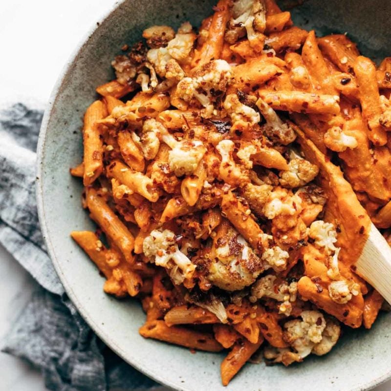 A picture of Red Pepper Cashew Pasta with Roasted Cauliflower