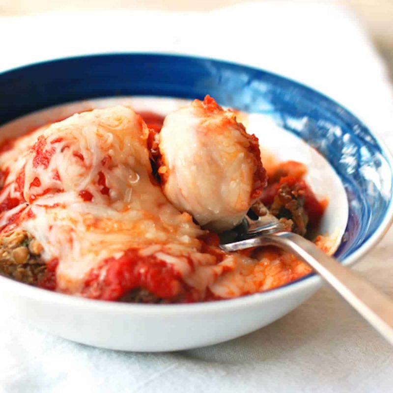 A picture of Cheesy Meatless Meatballs with Marinara
