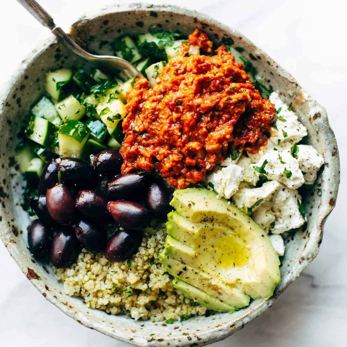 Mediterranean Quinoa Bowls with Roasted Red Pepper Sauce Recipe Pinch