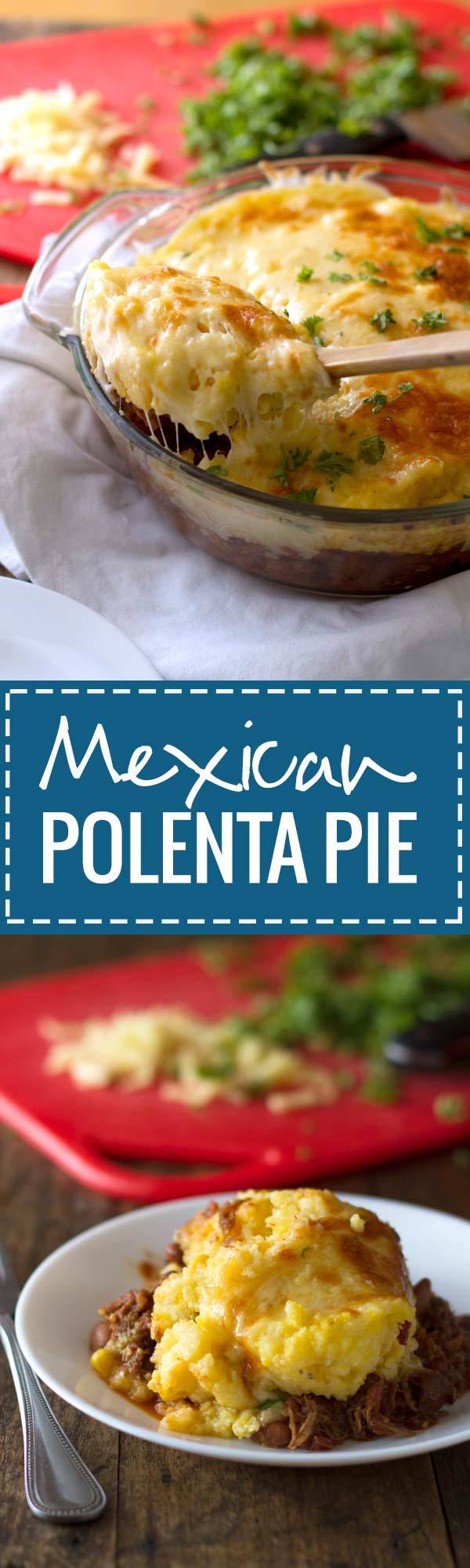 This Mexican polenta pie is true comfort food! Made with pork and pinto beans in the crockpot and baked with polenta and cheese.