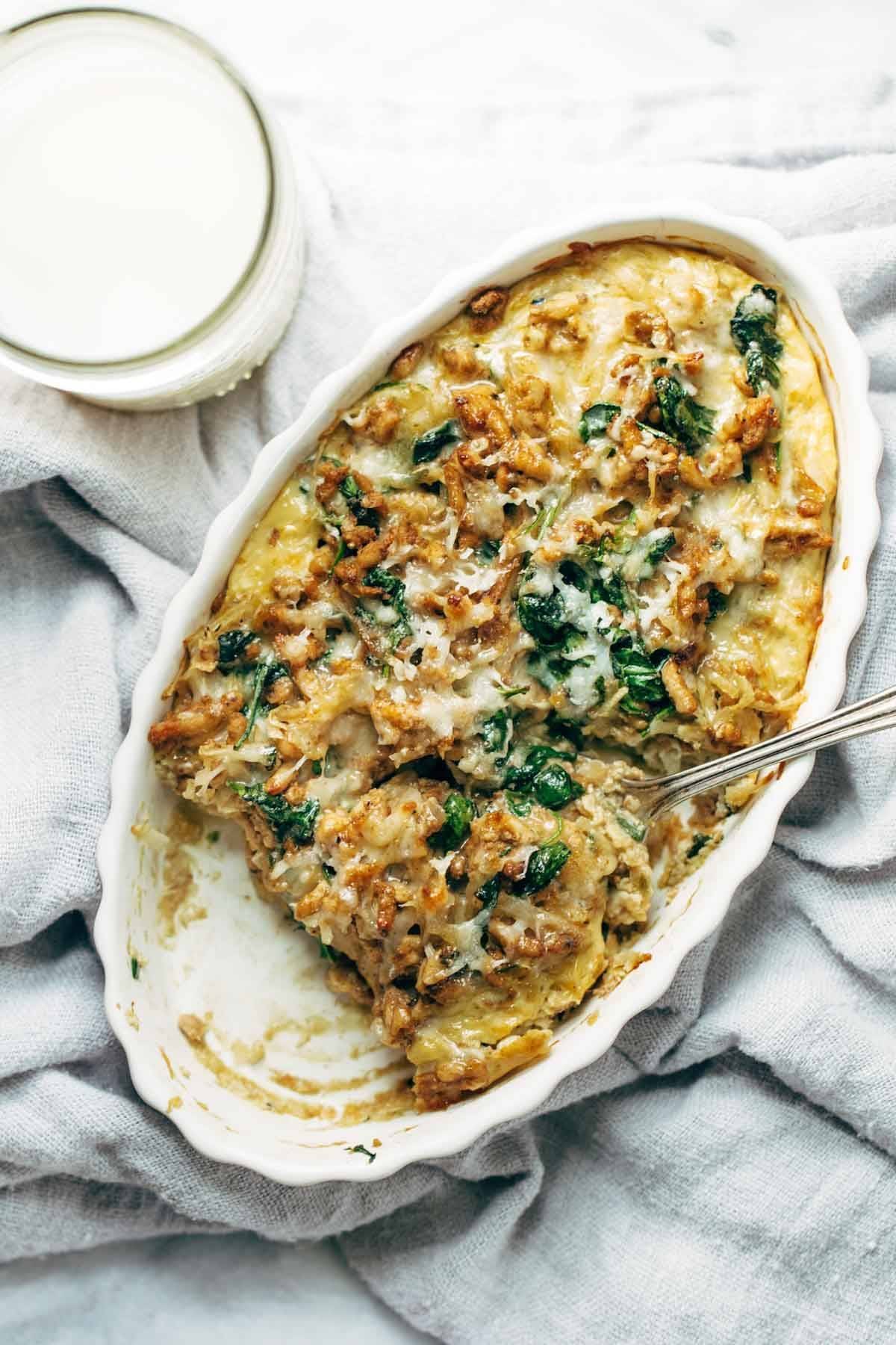 Breakfast Casserole with sausage, eggs, potatoes, spinach, and cheese! Super easy recipe that's ready in 30 minutes and high in protein. | pinchofyum.com