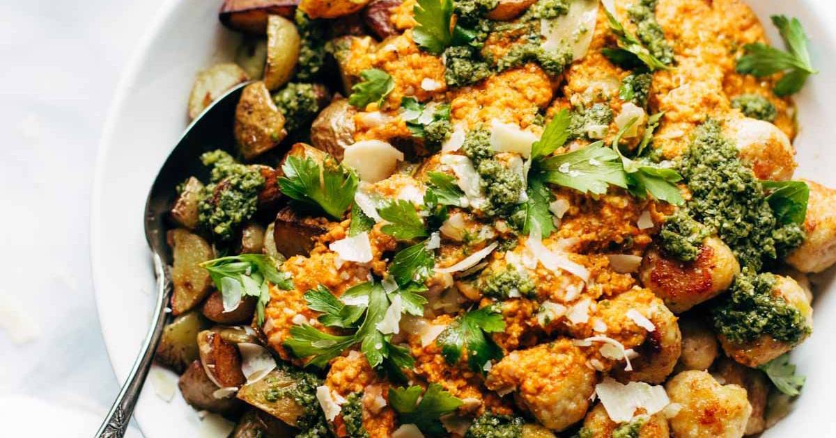 Mini Chicken Meatballs with Crispy Potatoes and Romesco Recipe Pinch