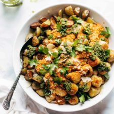 Mini Chicken Meatballs with Crispy Potatoes and Romesco-image
