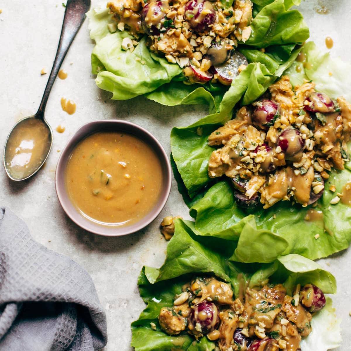 Creamy Miso Peanut Chicken Lettuce Wraps Recipe - Pinch of Yum