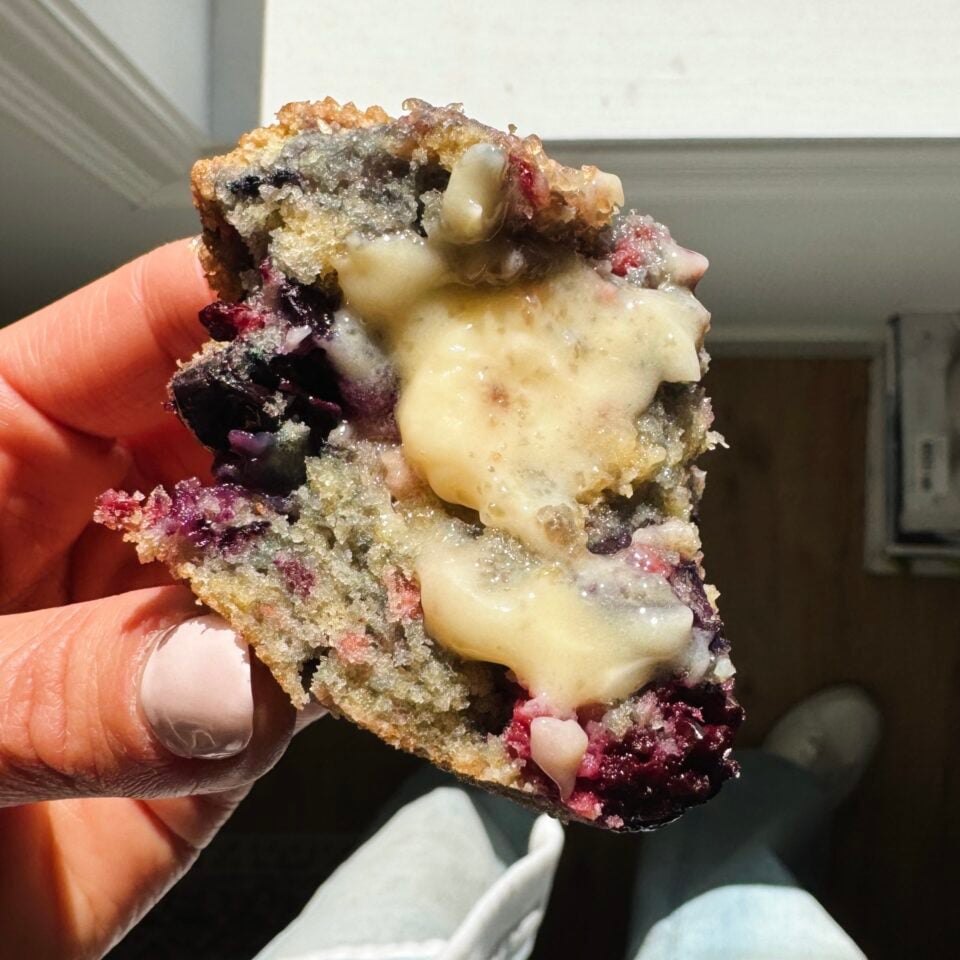 Melted butter on a mixed berry muffin.