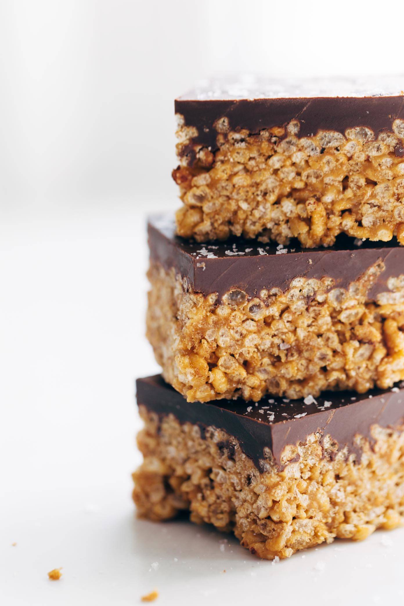 Peanut butter rice krispie bars stacked on each other.