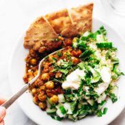 Moroccan chickpeas in a bowl with pita.