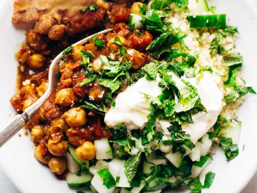 Moroccan Chickpeas in a bowl with couscous.
