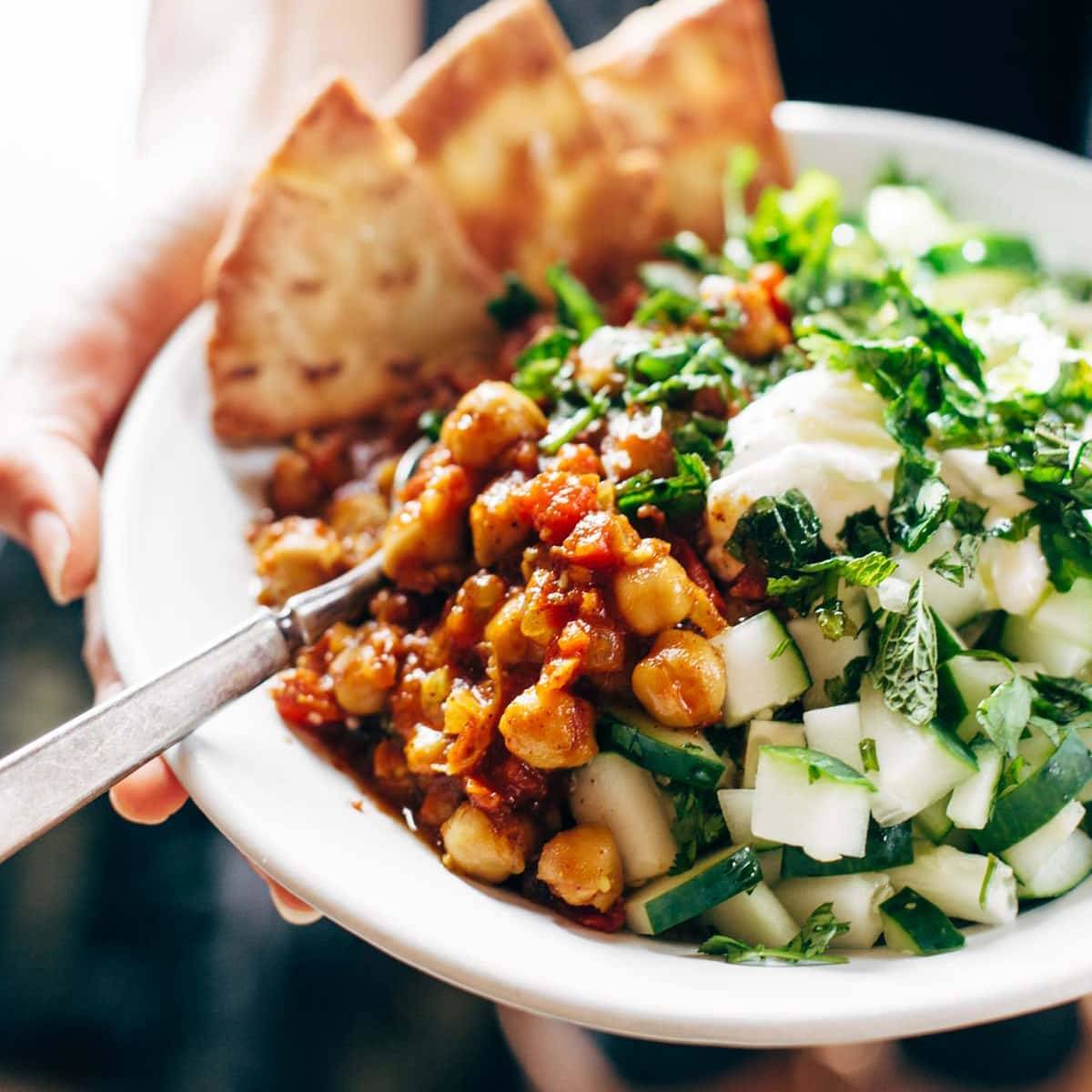 Moroccan Chickpea Bowl with cucumber.