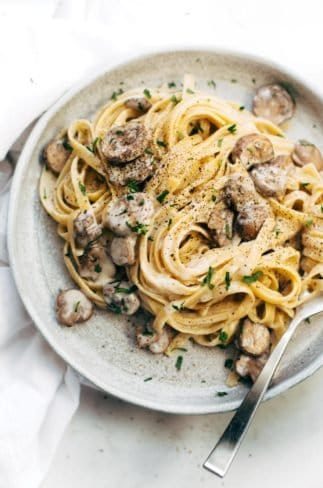 Mushroom Fettuccine on plate with fork.