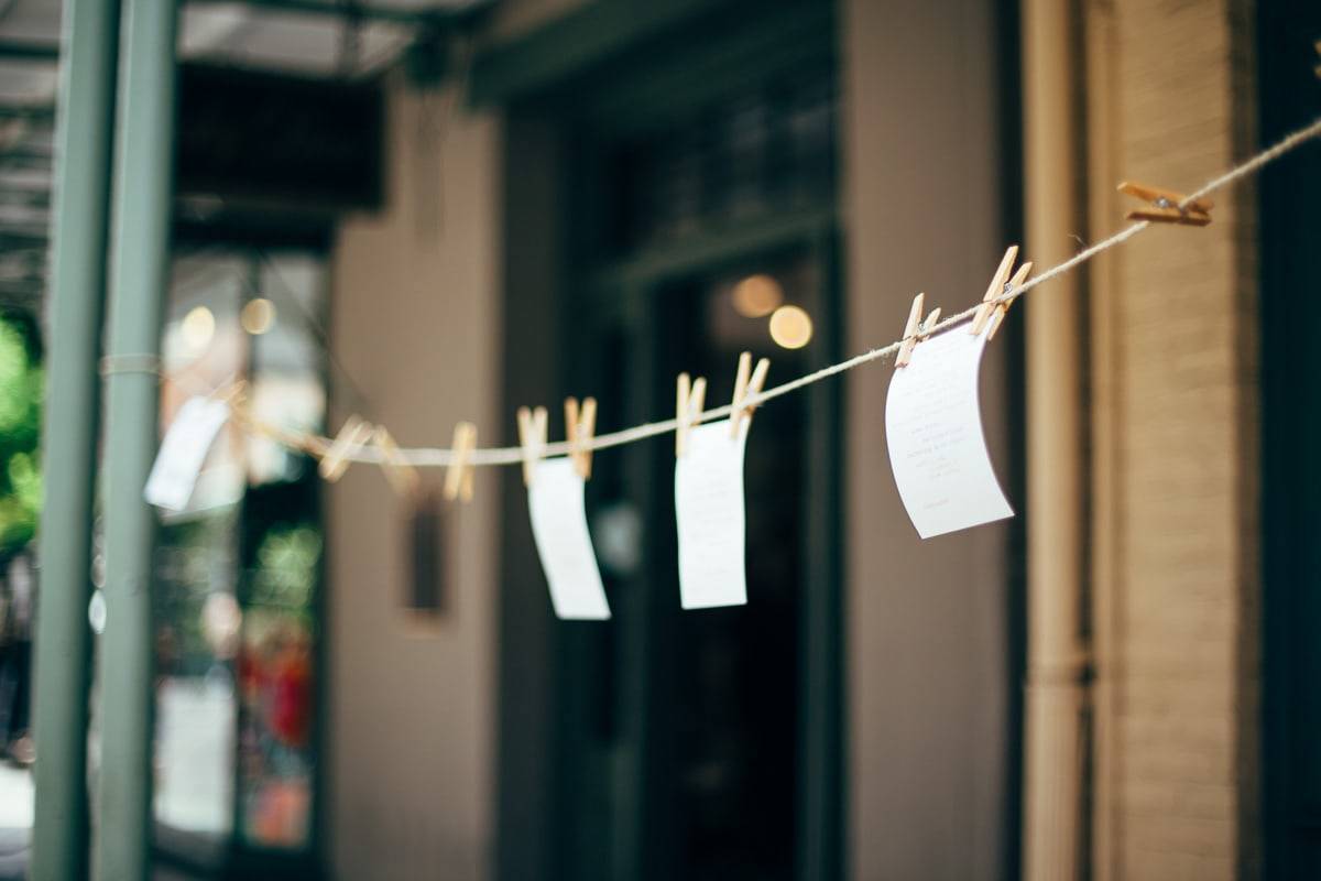 notes hanging by clothes pins on a wire