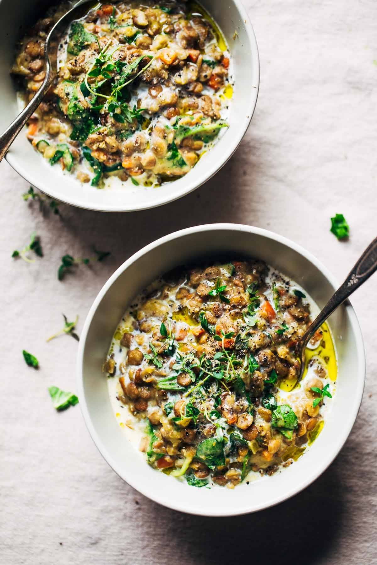 Creamy Spinach Lentils in two bowls.