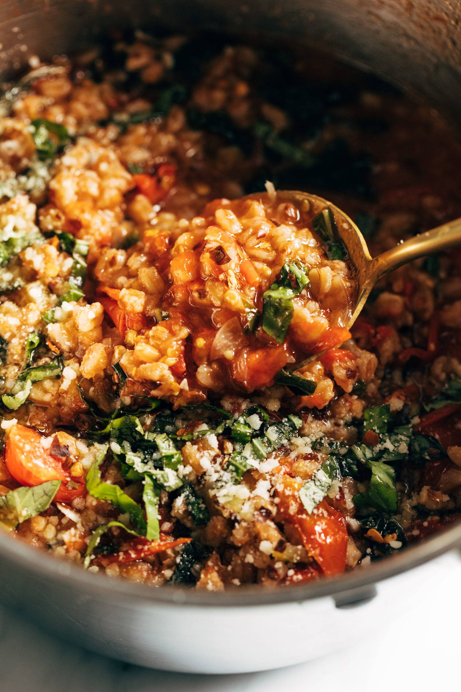 One-Pan Farro with Tomatoes and Kale