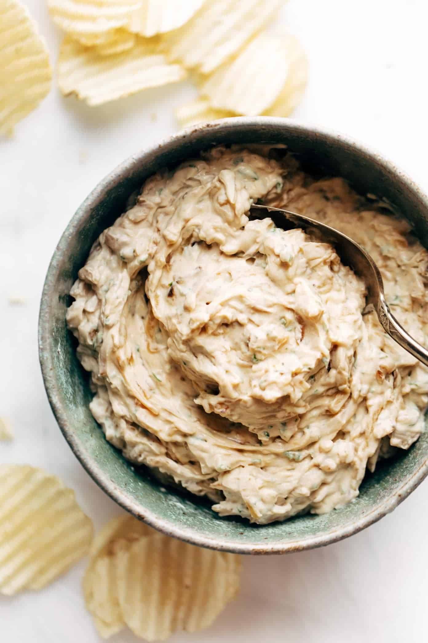 Caramelized Onion Dip with chips.