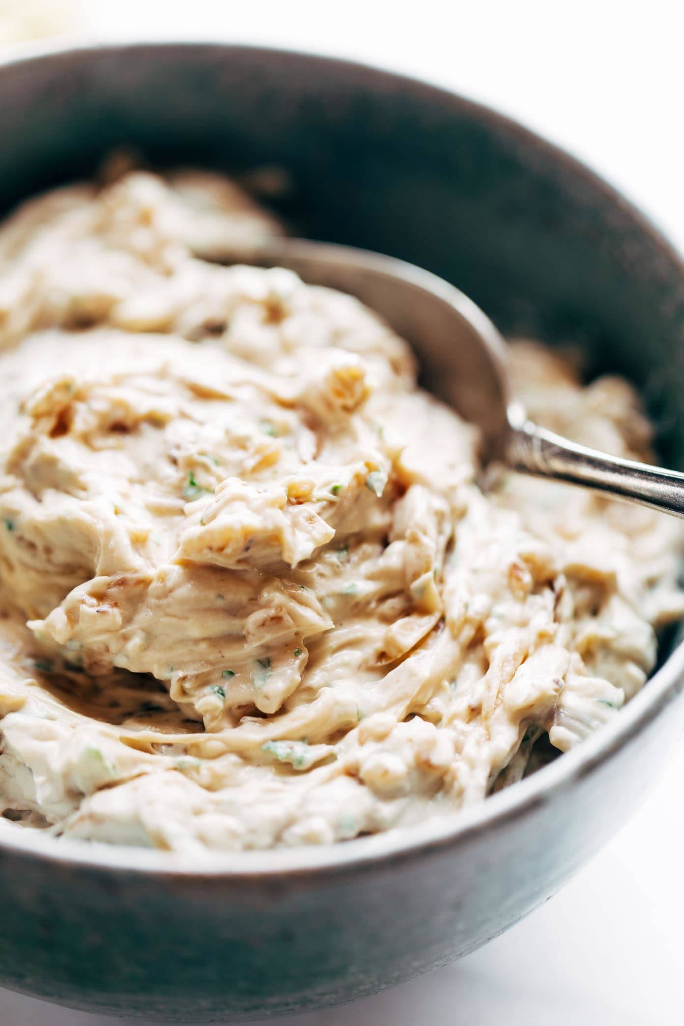 Caramelized Onion Dip in a bowl with a spoon.