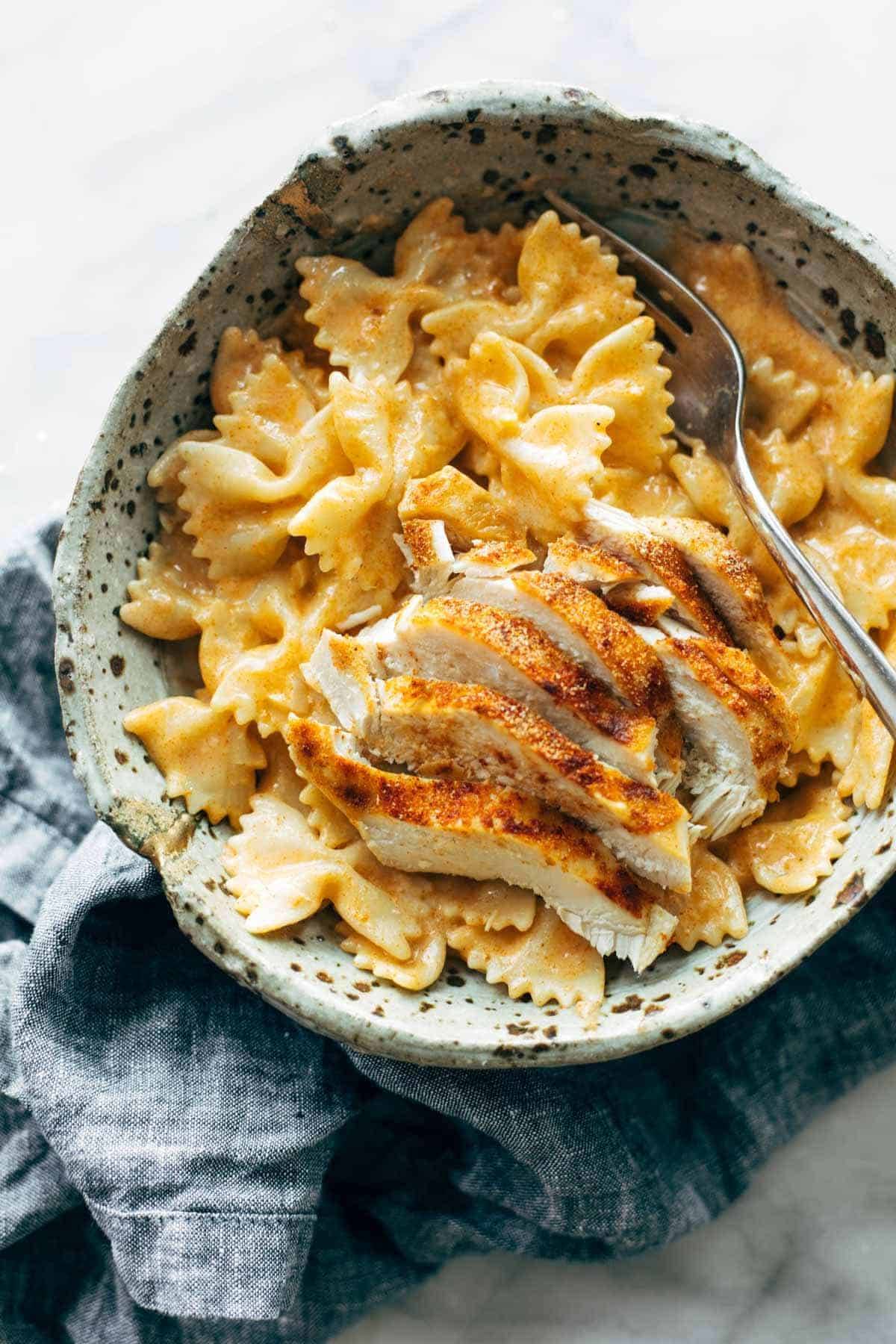 Paprika chicken pasta in a bowl.