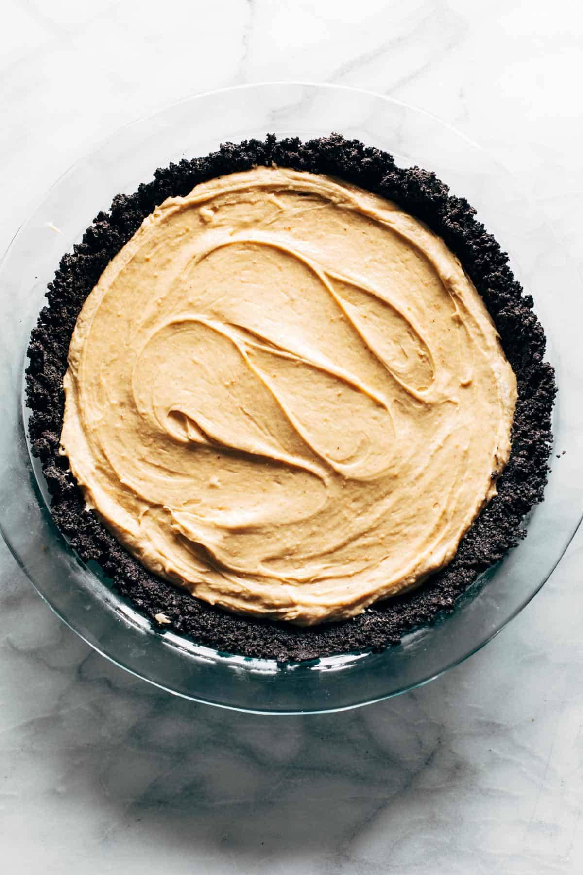 Peanut butter pie in pie dish.