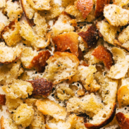 Peppery hand-torn croutons on a sheet pan.