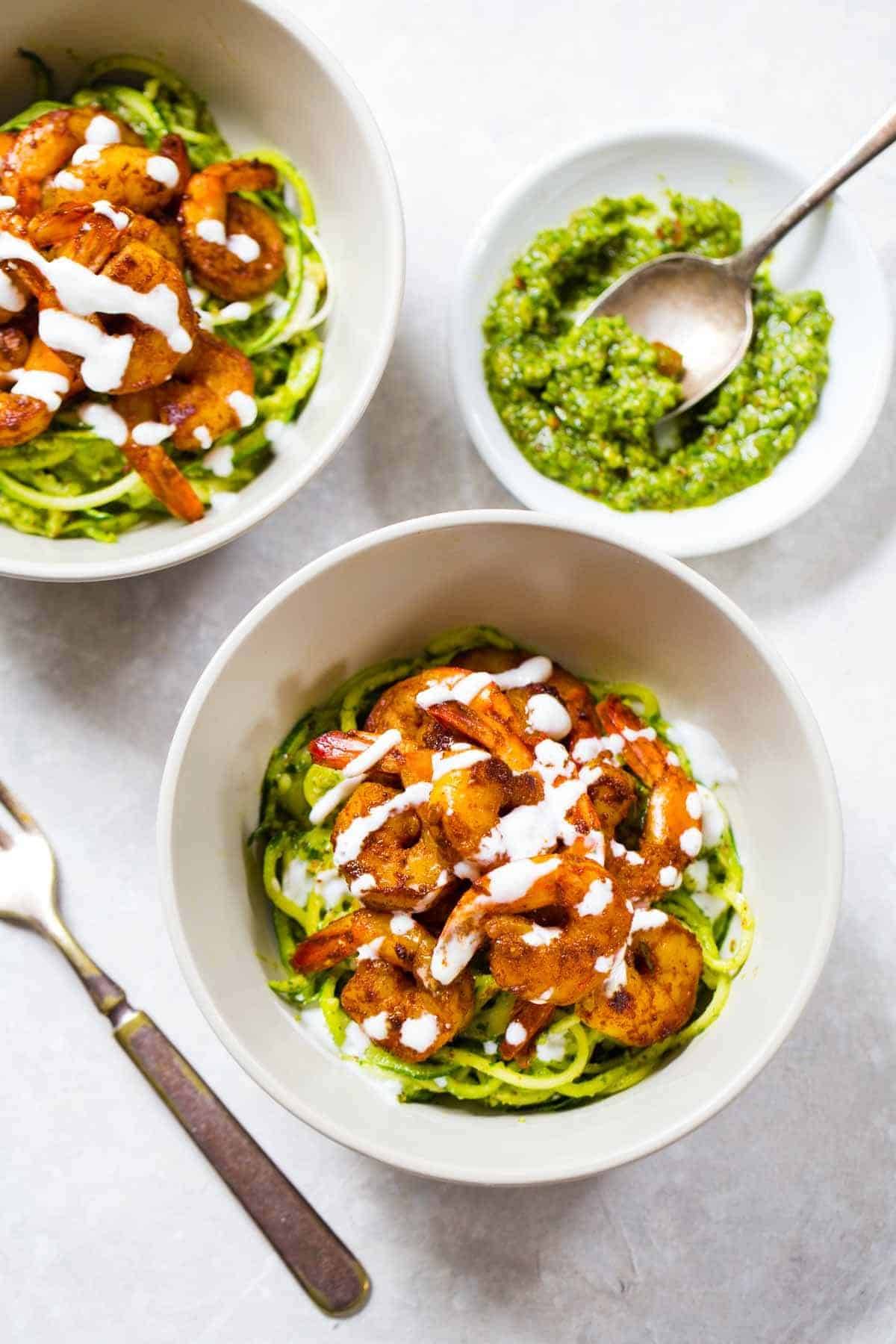 Shrimp with Pesto Noodles in two bowls.