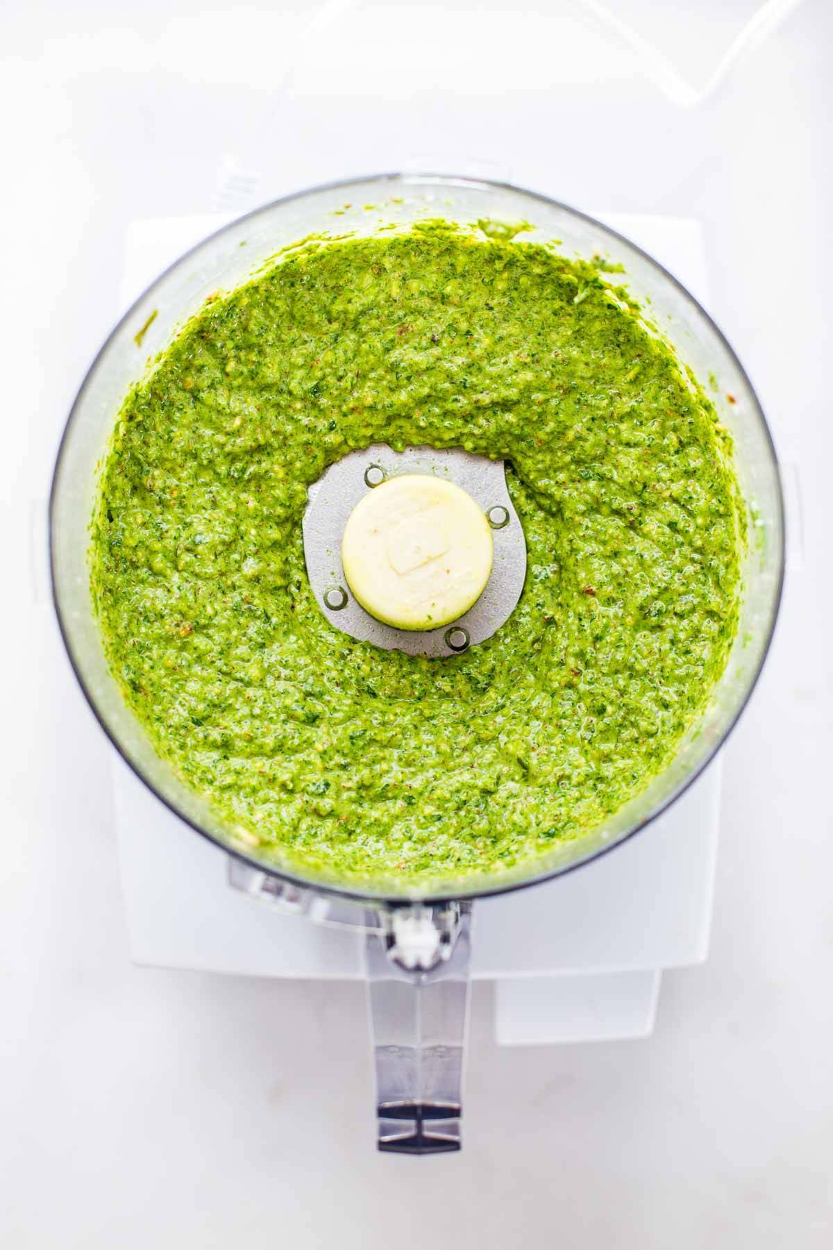 Pesto in a food processor.