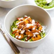 15 Minute Spicy Shrimp with Pesto Noodles in a bowl.