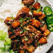 Pineapple pork with peppers and white rice.