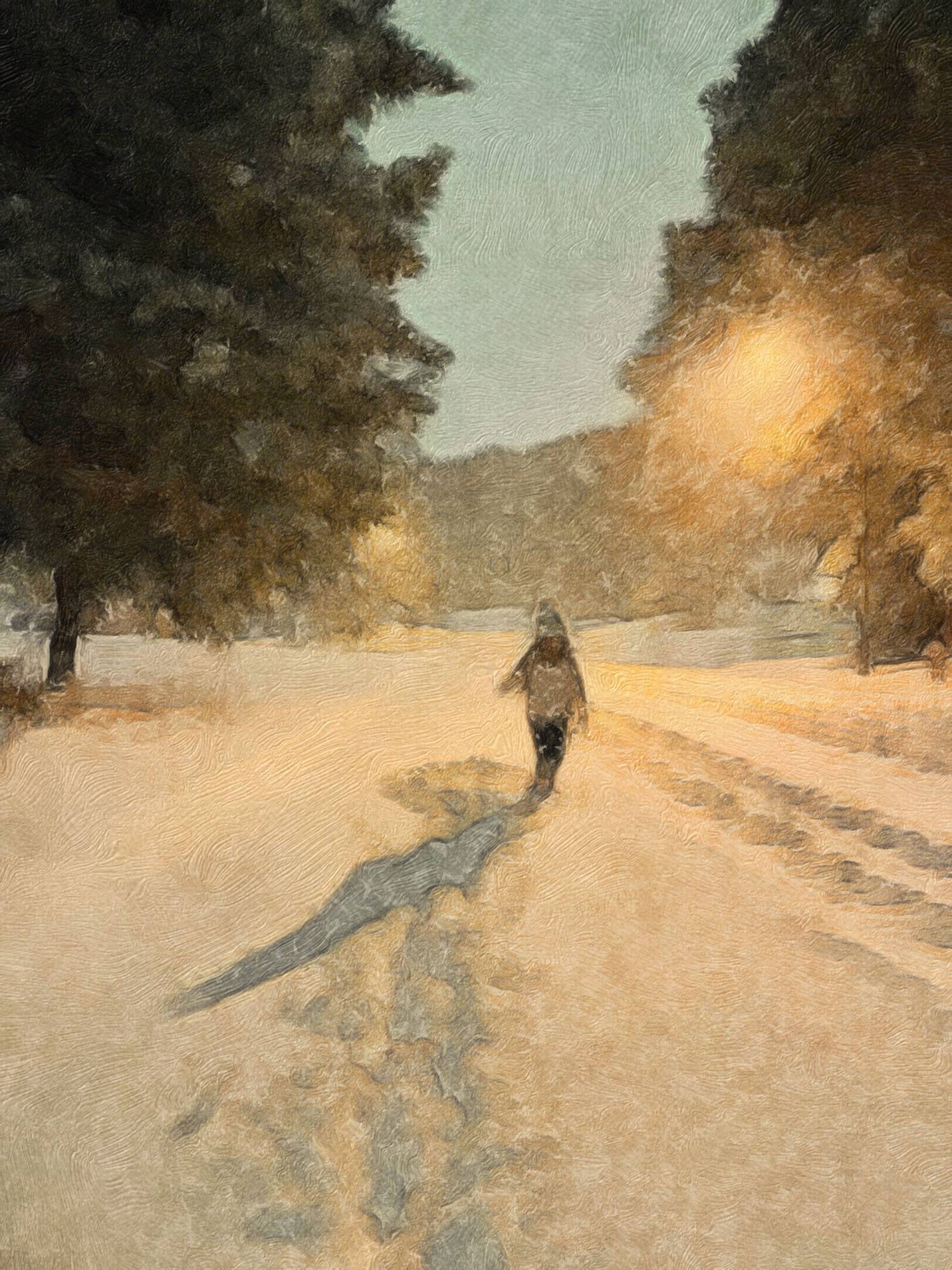 Photo of little girl walking in the snow. Photo has filter making the photo look like a painting.