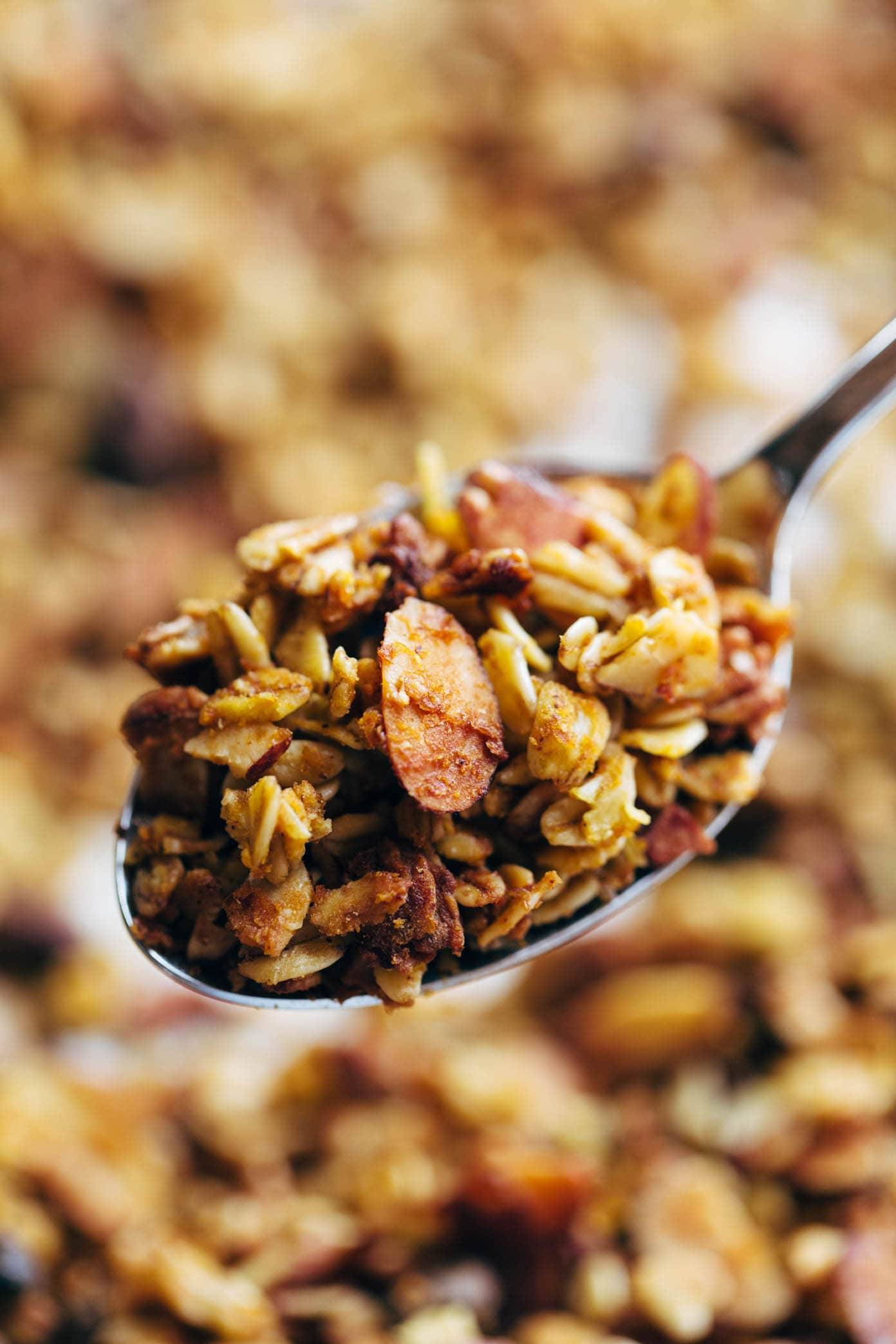 A spoon holding a full scoop of pumpkin granola.