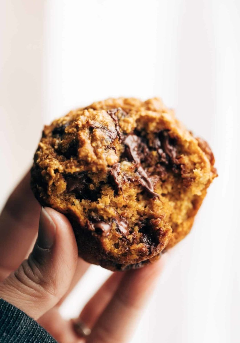 A half-bitten pumpkin muffin.