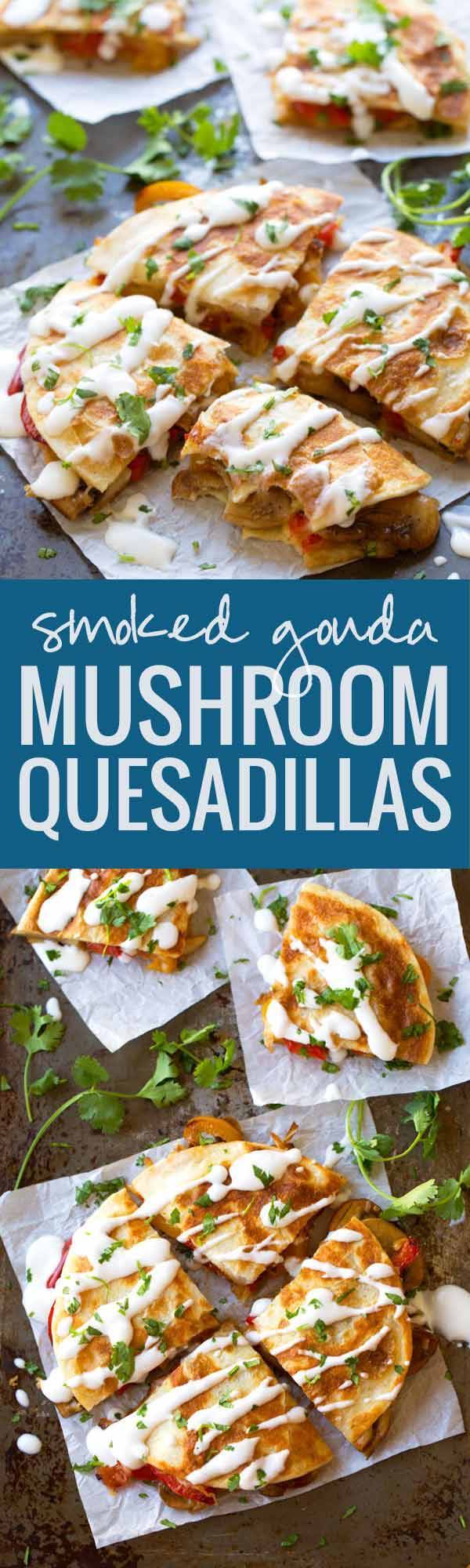 These Smoked Gouda Mushroom Quesadillas are deeeelicious! Creamy and melty, golden and crunchy, perfect for a quick vegetarian lunch.