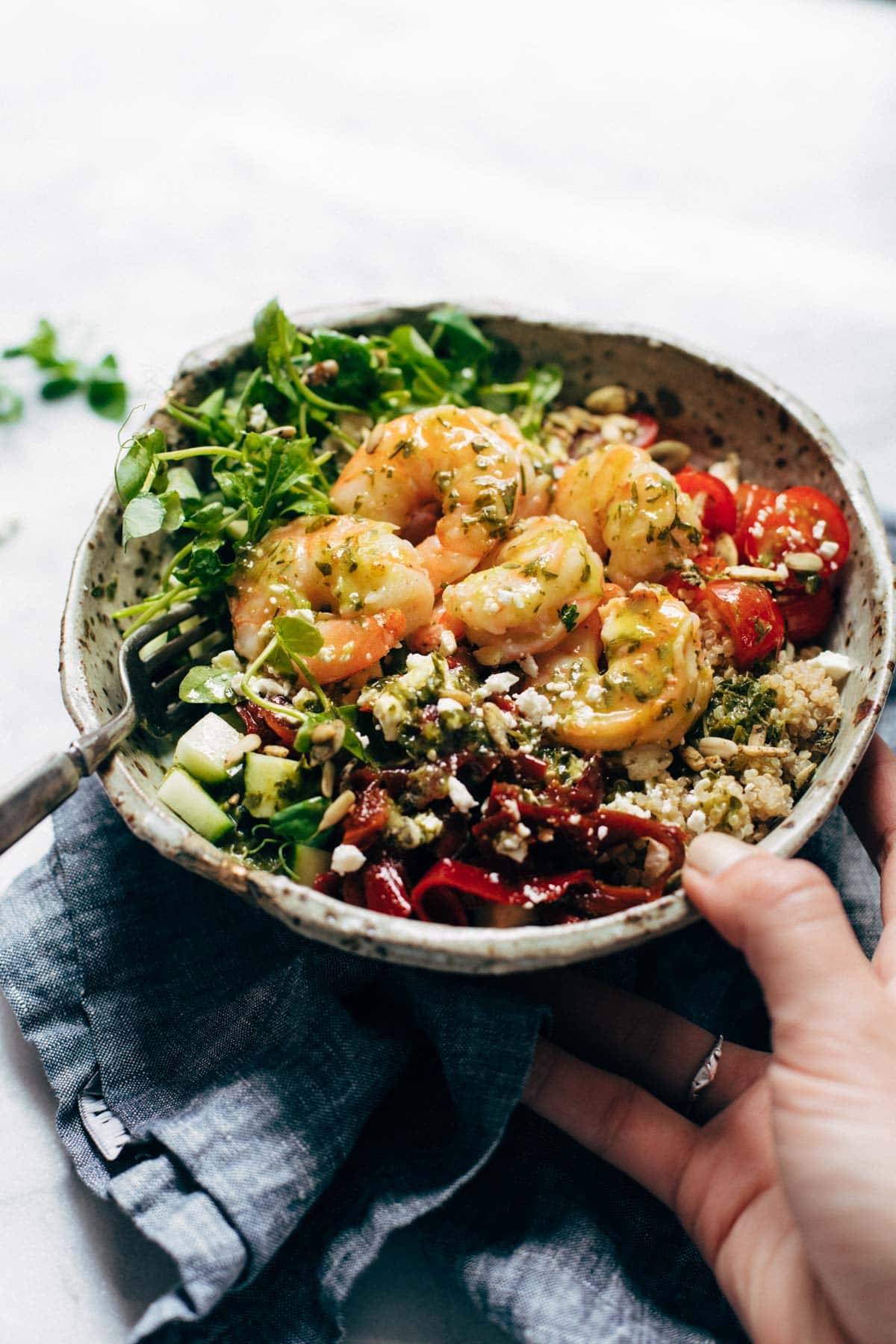 Summer Quinoa Salad in a bowl with shrimp.