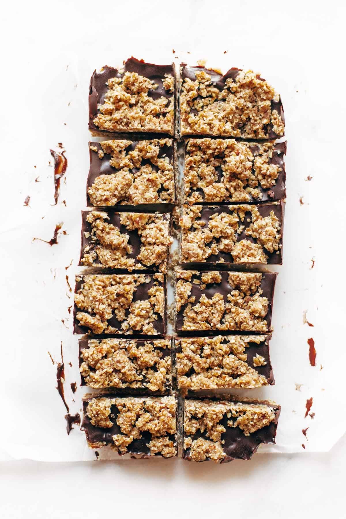 Chocolate snack bars on parchment paper.
