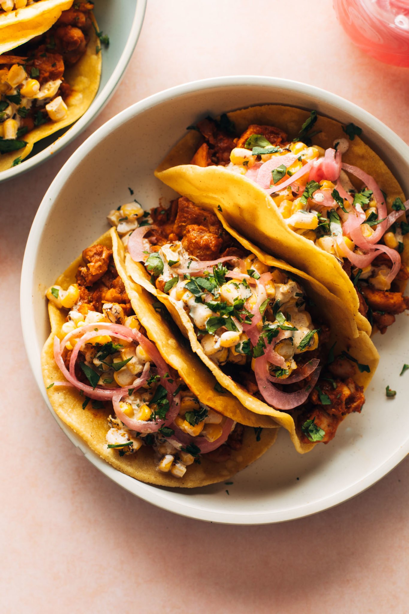 Red Chile Chicken Tacos With Creamy Corn Recipe Pinch Of Yum