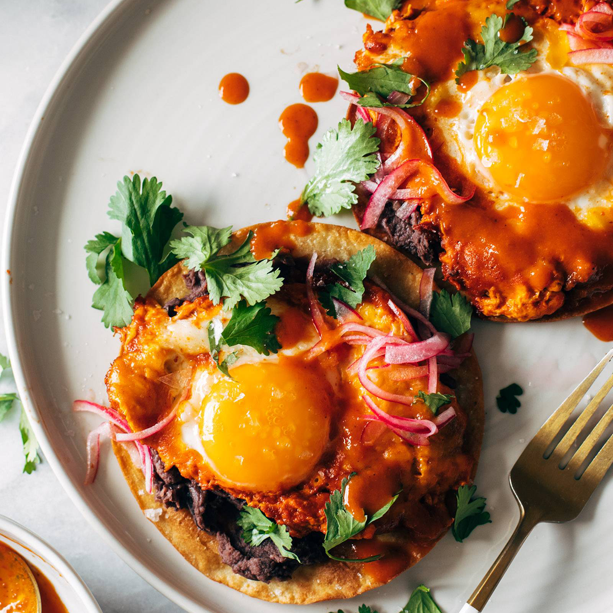 Red chile tostadas on a plate with eggs, black beans, cilantro, and pickled onions.