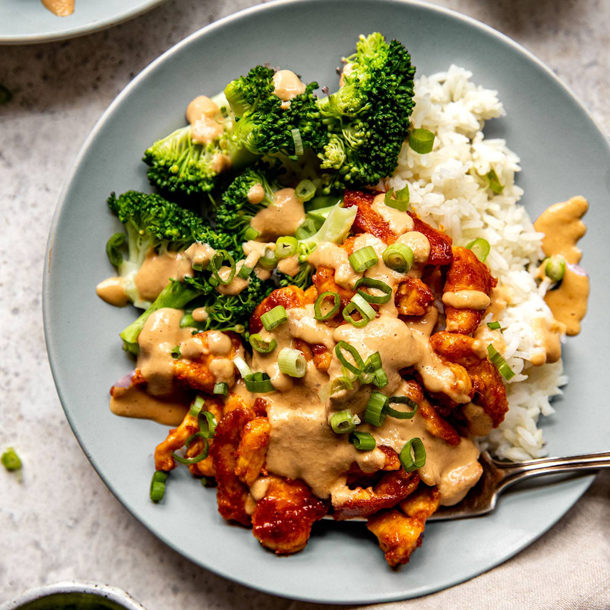 Chicken stir fry on a plate with rice and broccoli.
