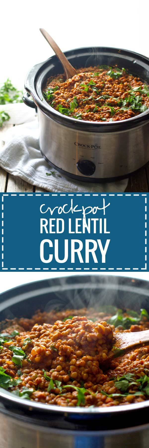 Red lentil curry is one of my favorites! This version is so simple - just toss everything in the crockpot. Easy, healthy, and full of flavor.