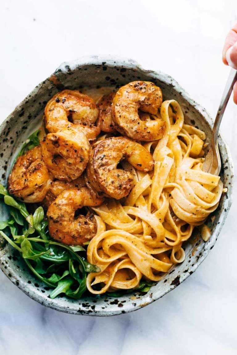 Red Pepper Fettuccine in a bowl with shrimp.