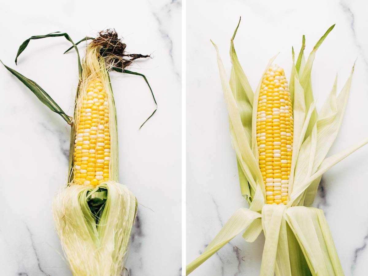 Two photos of an ear of corn with husks pulled back and silk removed.