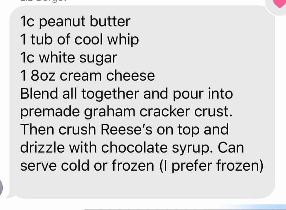 Peanut butter pie recipe in a text message.