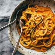 Roasted Red Pepper Pasta in a bowl with a fork.