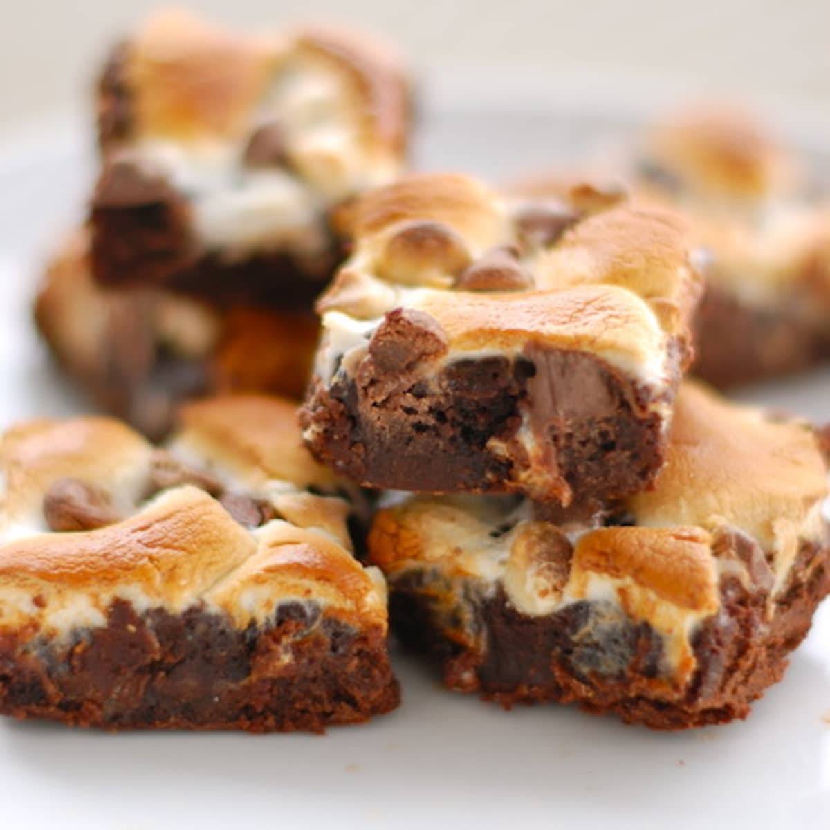 Rocky road brownies with toasted marshmallows on top.