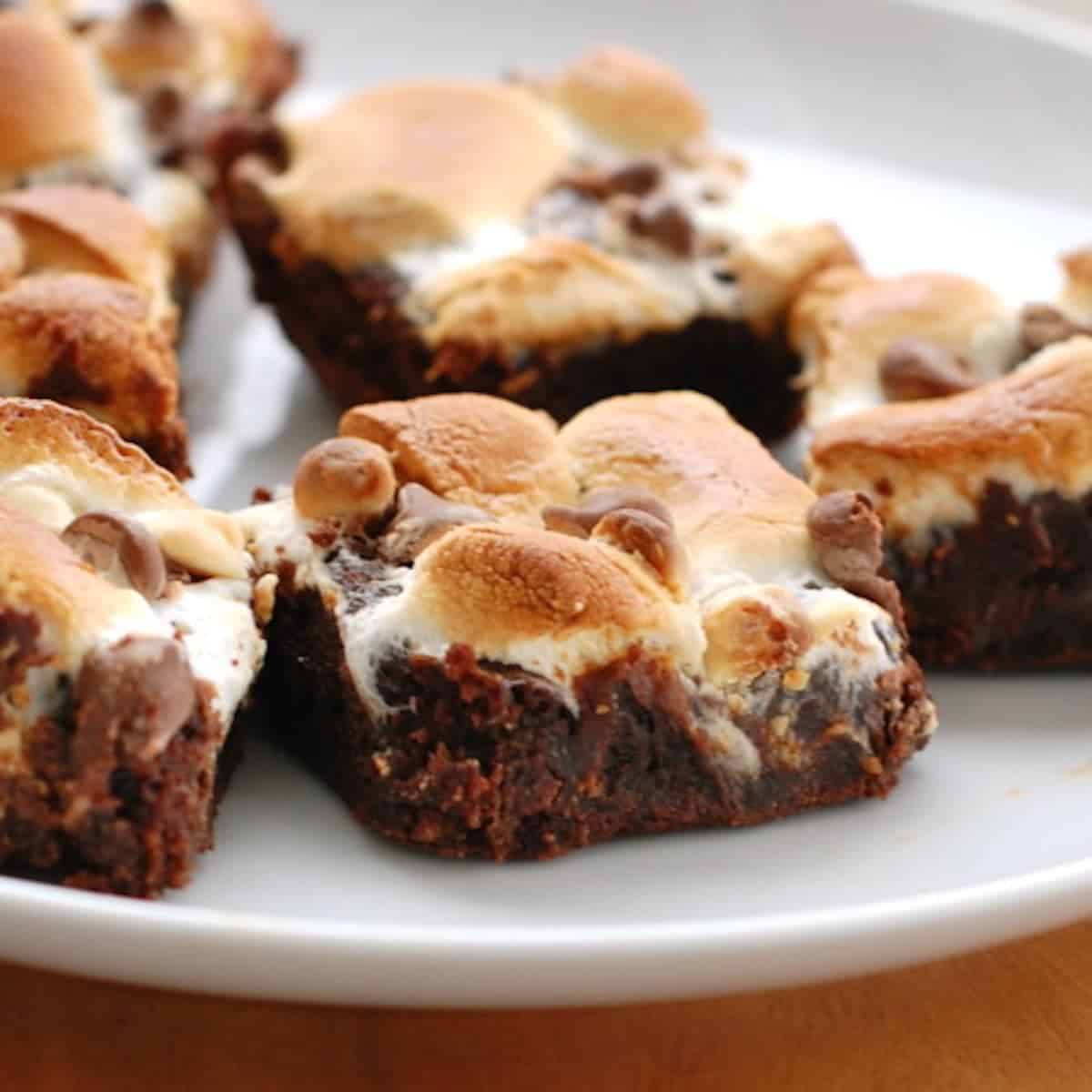 Rocky road brownies with toasted marshmallows on top.