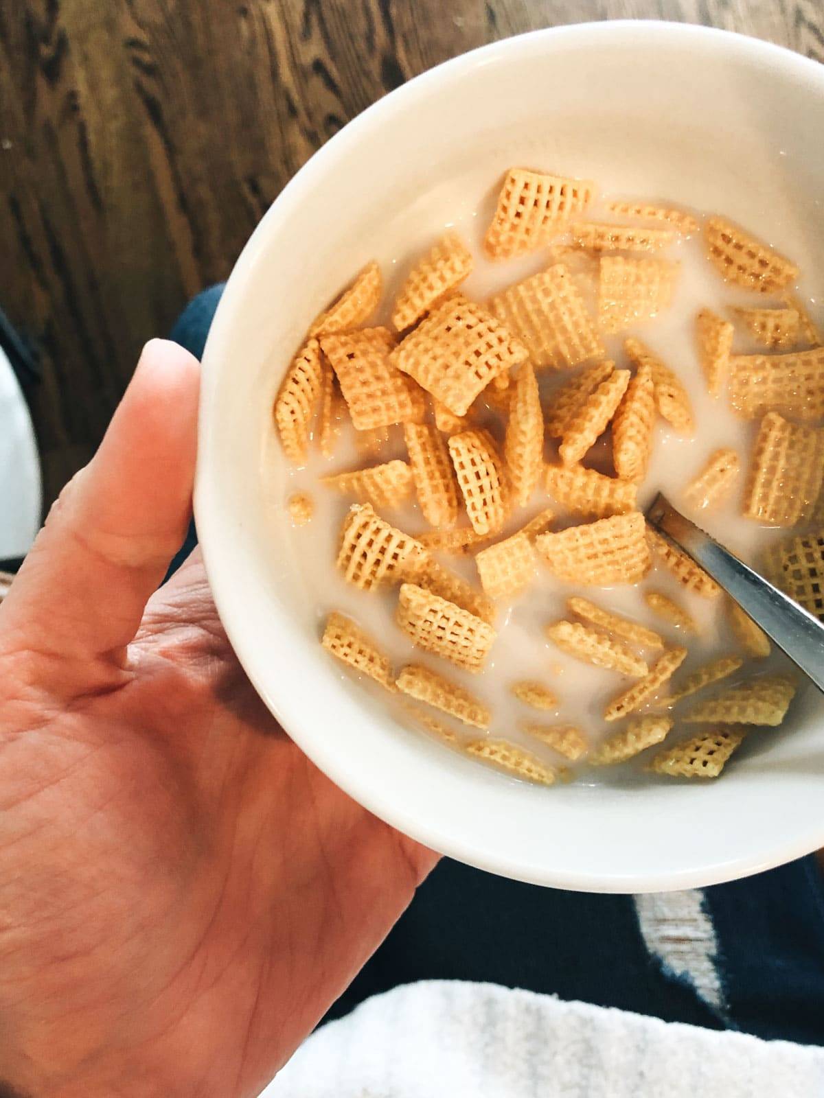 Cereal and milk in a bowl.