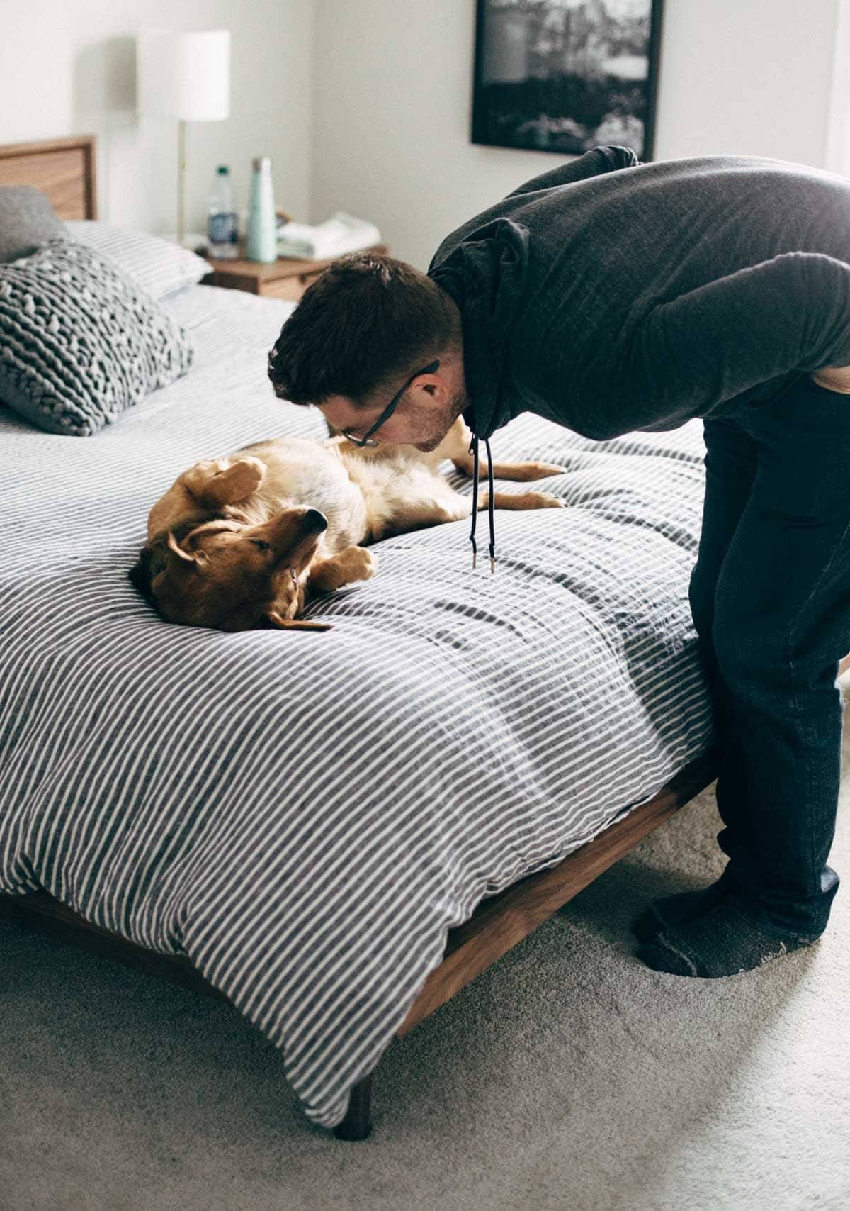 A man leaning over a dog lying on a bed.