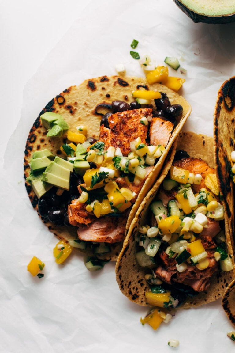 Salmon Tacos with Mango Corn Salsa Recipe - Pinch of Yum