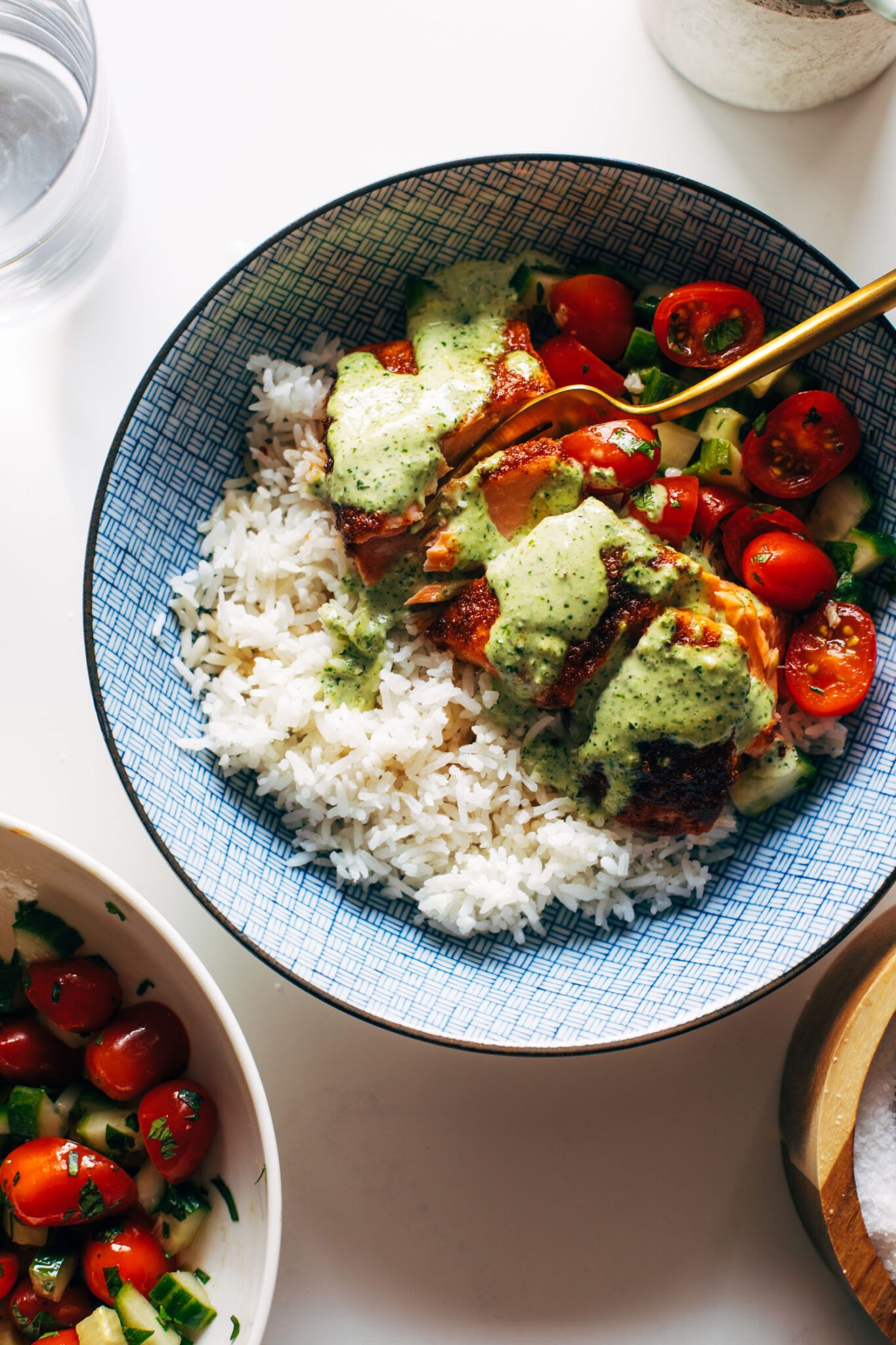Salmon with Basil Sauce and Tomato Salad Recipe Pinch of Yum