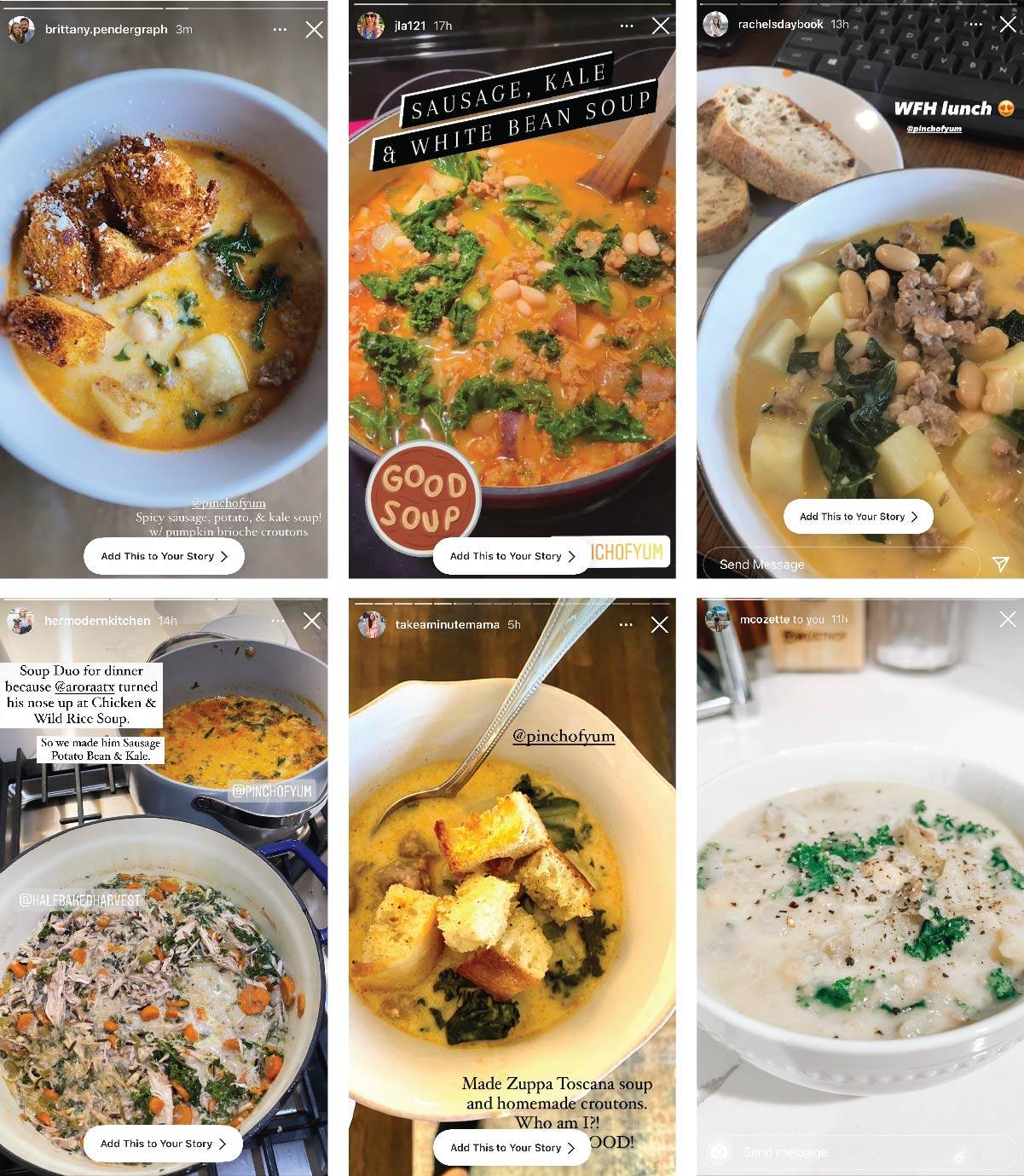 Instagram screenshots of POY readers making the Sausage Kale and White Bean Soup recipe.