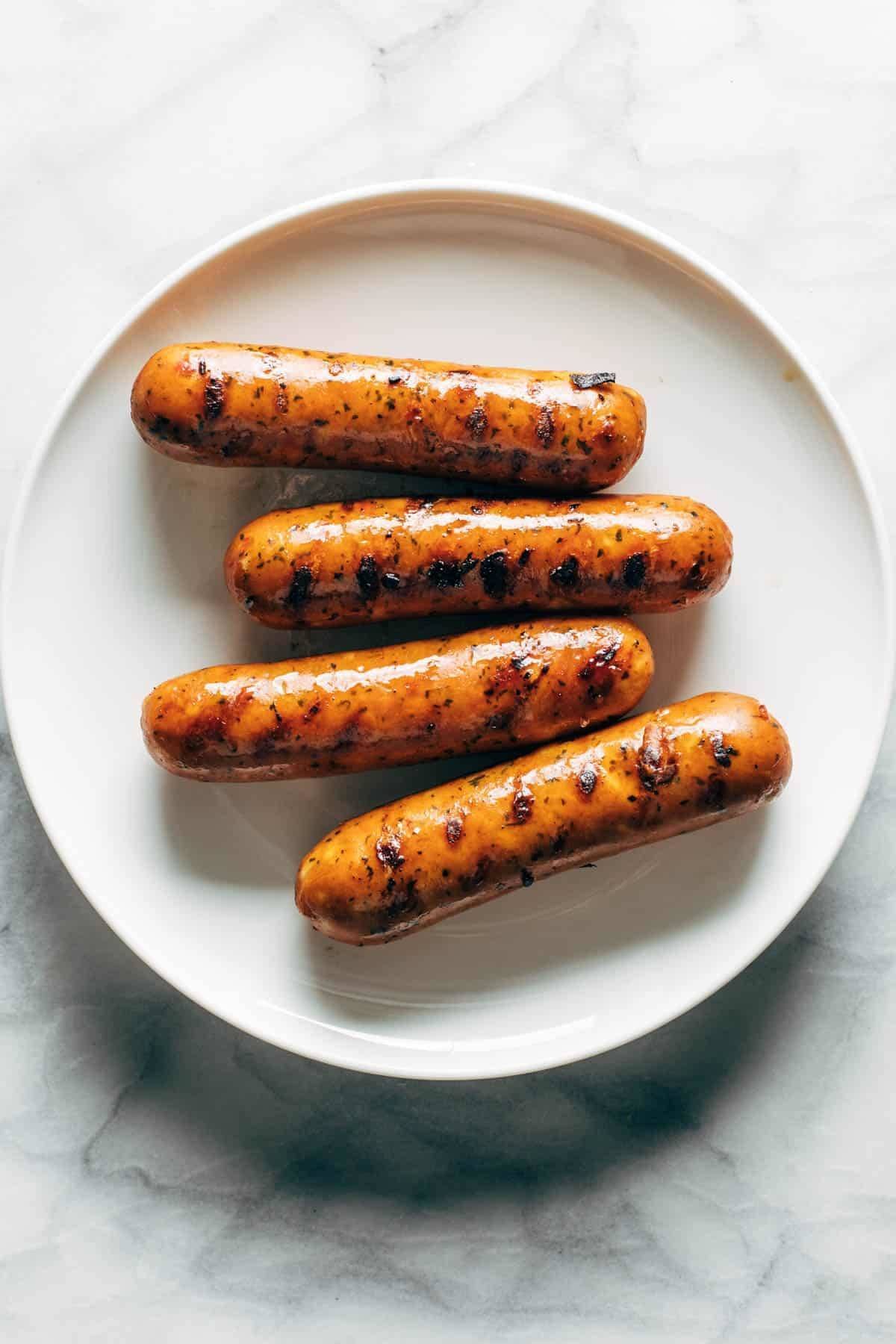 Grilled sausages on a plate.